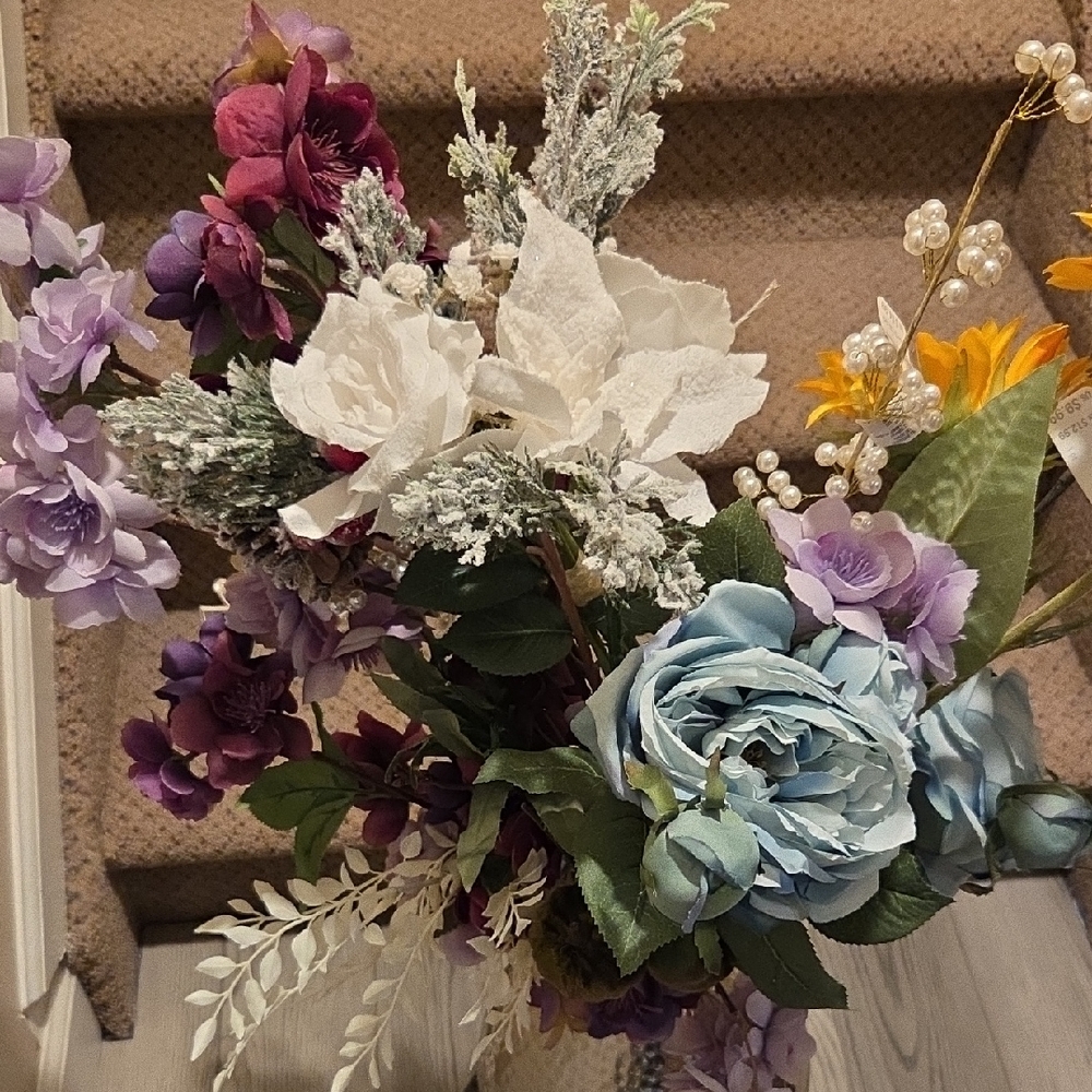Michaels Faux Floral Bouquet with Blue/Green and Purple Blooms